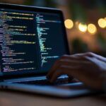 closeup hands typing code laptop with programming lines screen software development coding hacker concept