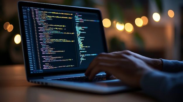 closeup hands typing code laptop with programming lines screen software development coding hacker concept